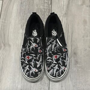 Youth Vans Black Slip-On Sneakers with Shark and Red Accent Print